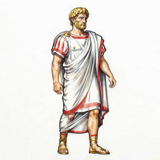 The image depicts a detailed drawing of a Roman man, possibly resembling Julius Caesar, set against a white background. The man is dressed in a traditional white toga adorned with red trim along the edges and sleeves. His attire includes a gold brooch on the left side of the toga and a gold button on the right. He wears gold gladiator sandals with straps that wrap around his ankles and toes. His curly, blonde hair is complemented by a full beard and mustache, and his facial features include a long nose and a prominent chin. The man's right arm is positioned at his side, while his left arm is slightly bent, with his hand near his waist. He stands with one leg slightly forward, giving the impression of a walking motion. The overall color palette of the image includes shades of white, red, gold, and tan, with the man's skin depicted in a light tan hue.