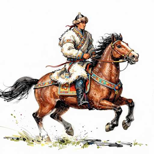 This detailed illustration depicts a dynamic scene of a man riding a horse. The man is adorned in a striking white fur coat, which is intricately designed with a diamond pattern in shades of yellow, red, and blue. His attire is completed with a matching white fur hat, also embellished with the same diamond pattern. The horse beneath him is a rich brown color, featuring a black mane and tail. It is captured in mid-gallop, with its front legs raised off the ground, conveying a sense of motion and energy. The horse's saddle is a vibrant mix of red, yellow, and blue, adding to the overall colorful and lively composition of the artwork.