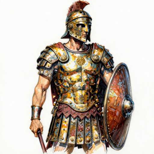 This detailed illustration depicts a Roman soldier in full battle attire, standing against a stark white background. The soldier is adorned in an elaborate suit of armor that covers his entire body, including his chest, shoulders, arms, and legs. The armor is predominantly gold with intricate designs in shades of blue, yellow, and orange, and features a distinctive red skirt-like piece at the waist. His helmet is particularly striking, with a gold base and a red mohawk-like crest on top, complemented by a black visor that partially obscures his eyes. The soldier's face is visible, revealing a Caucasian complexion. In his right hand, he holds a brown sword, while his left hand grips a large, round shield that is brown with a silver center. His muscular arms are bare beneath the armor, and he wears a silver wristband on his right wrist. The overall impression is one of readiness for battle, captured in a vivid and detailed artistic style.