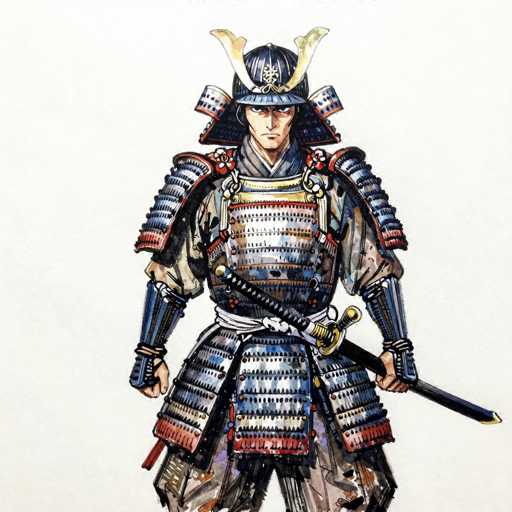 This detailed illustration depicts a samurai warrior standing against a white background. The samurai is adorned in an elaborate, multi-colored suit of armor that features shades of blue, white, red, and gold. His helmet is particularly striking, with a dark blue base and two prominent white horns that curve outward and then inward. The helmet also includes a gold emblem at the center and a blue brim. The samurai's face is stern, with a long nose and a frown, and he gazes directly at the viewer.

The armor is intricately designed, with blue shoulder pads and a gold breastplate that has red and blue accents. His forearms are protected by blue metal gauntlets, and his legs are similarly armored. A white belt cinches his waist, from which a sword is sheathed. The sword's handle is gold, and the blade is black with a gold tip. The samurai's hands are positioned at his sides, gripping the hilt of the sword. The overall impression is one of strength and readiness, capturing the essence of a formidable warrior.