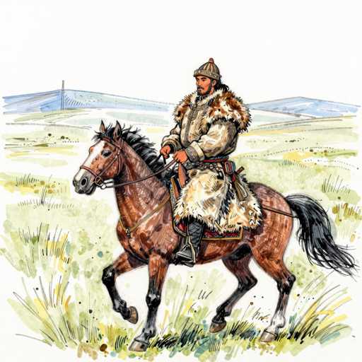 A detailed illustration of a mounted warrior in traditional attire, riding a brown horse through a grassy field. The warrior is wearing a fur-trimmed coat and helmet, with a detailed patterned belt and boots. The horse is depicted in mid-stride, showing its legs in motion. The background features a landscape with rolling hills and a clear sky. The overall style is reminiscent of a historical illustration, possibly depicting a medieval or early modern era figure.