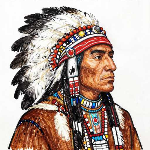 This detailed illustration depicts a Native American man, possibly from the Osage tribe, characterized by his distinct features and traditional attire. He has a dark brown complexion and is adorned with a striking headdress. The headdress features a red band with white stripes and is embellished with an array of beads in red, white, blue, and yellow. Large silver beads are prominently placed at the front, and the feathers are predominantly white with black tips, interspersed with a few black feathers. 

His long hair is styled in braids, and he wears a necklace with a red pendant. Around his neck, he sports a beaded choker in shades of blue, white, and yellow. His attire includes a brown garment, possibly a robe or shirt, which is decorated with blue and white beads. The illustration captures him from the chest up, with his gaze directed to the right. The background is a light gray, providing a subtle contrast to the vibrant details of his attire and headdress.