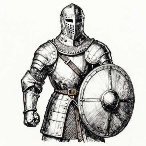 A detailed, hand-drawn illustration of a medieval knight in full plate armor. The knight is depicted standing with a shield held in one hand and the other arm slightly bent, showing a clenched fist. The armor is intricately detailed with overlapping plates, rivets, and a textured surface, suggesting a metallic material. The helmet is a classic full suit style with a visor and eye slits. A leather belt with a decorative buckle cinches the armor at the waist, and chainmail is visible beneath some of the plate armor. The overall style is reminiscent of a vintage or historical illustration, with a focus on texture and detail in the shading. The background is plain white, allowing the knight to be the central focus of the image.