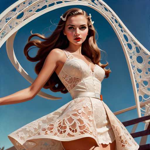 A woman with flowing, wavy brown hair and a red lip is the central focus, wearing an ornate cream-colored lace dress. She's positioned in front of a decorative white metal archway against a bright blue sky, her pose suggesting movement. The art style is highly detailed and photorealistic, with a focus on soft lighting and intricate textures.