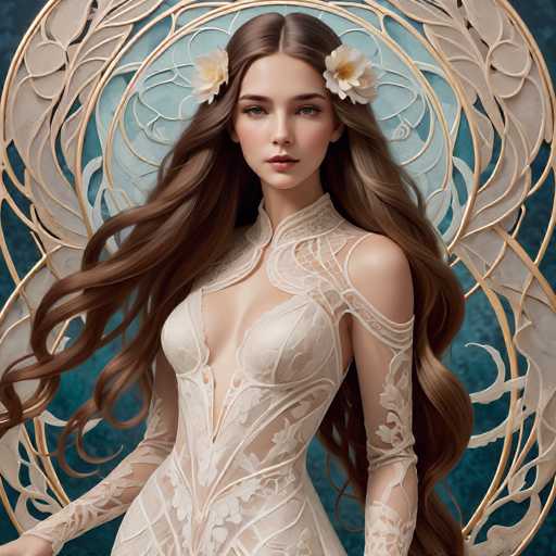 A woman with long, flowing brown hair and delicate floral accents wears an intricately detailed, sheer white gown. She's centrally positioned against a teal backdrop framed by ornate gold filigree. The art style is digital fantasy, emphasizing soft lighting and a dreamlike, ethereal quality.