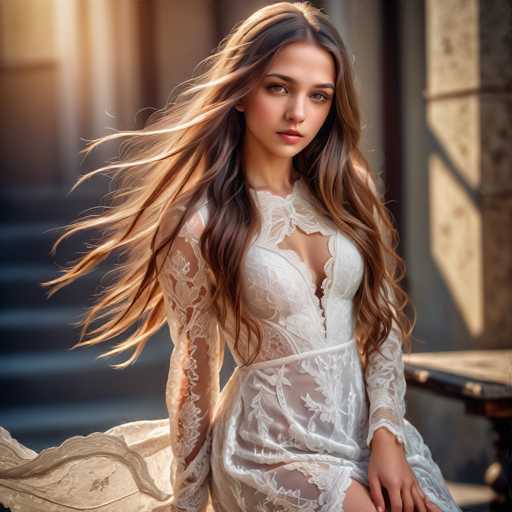 A young woman with flowing, sun-kissed hair and a delicate lace dress sits gracefully on a stone surface. Golden sunlight bathes her in a warm glow, creating a dreamy, ethereal atmosphere. The focus is on her captivating gaze and the soft texture of her dress, with a shallow depth of field emphasizing her presence. The art style is photorealistic with a touch of fantasy.