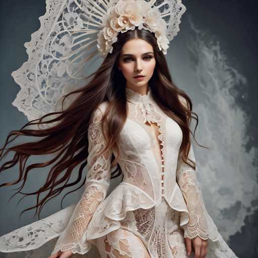 A woman in an elaborate, flowing white lace gown and ornate headdress commands attention. Her long, windswept brown hair adds to the dramatic effect. The soft, ethereal lighting and muted background create a dreamy, fantasy-inspired portrait with a focus on elegant detail.
