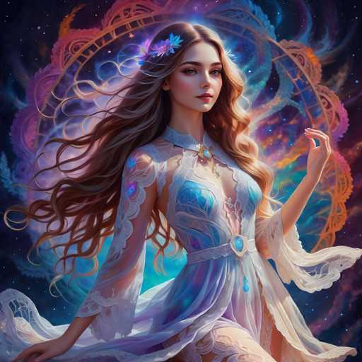 A woman with flowing, wavy brown hair and a celestial gown sits amidst a swirling, ethereal cosmic backdrop. She's adorned with a jeweled necklace and a floral headpiece, her gaze directed towards the viewer. The art style is fantastical, blending fantasy elements with a dreamy, painterly quality.