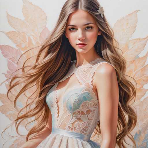 A stunning portrait features a young woman with flowing, voluminous blonde hair cascading around her. She wears an intricately detailed, light-colored lace dress with a teal bodice and a pale blue belt. Soft, pastel-toned floral elements frame the background, creating a dreamy, ethereal atmosphere. The art style is painterly and digitally rendered, emphasizing delicate textures and soft lighting.