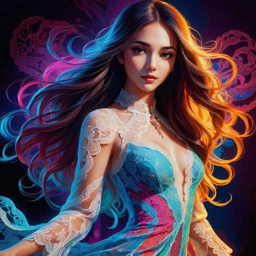 A stunning digital painting features a woman with flowing, vibrant hair in shades of blue, orange, and pink. She wears an ornate, semi-transparent gown with intricate lace details. The background is a dark, swirling abstract design, creating a fantastical and ethereal atmosphere. The art style is highly detailed and painterly, emphasizing soft lighting and dynamic movement.
