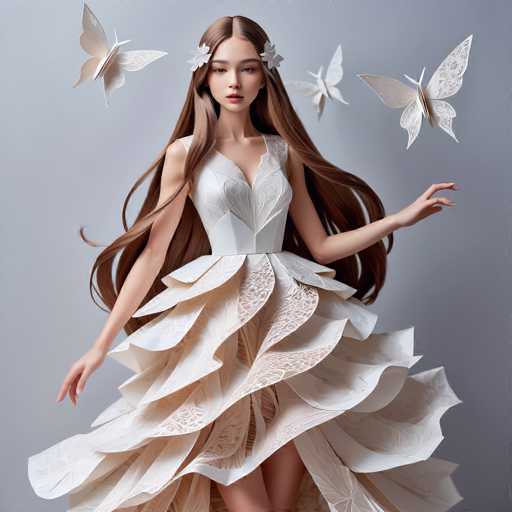 A stunning, digitally-rendered woman with long, flowing brown hair and a delicate white dress adorned with intricate paper-like petal details is the central focus. Three ethereal, translucent paper butterflies float around her, enhancing a dreamy, fantastical atmosphere. The overall style is a blend of digital art and fashion illustration, emphasizing elegance and delicate design against a muted gray backdrop.