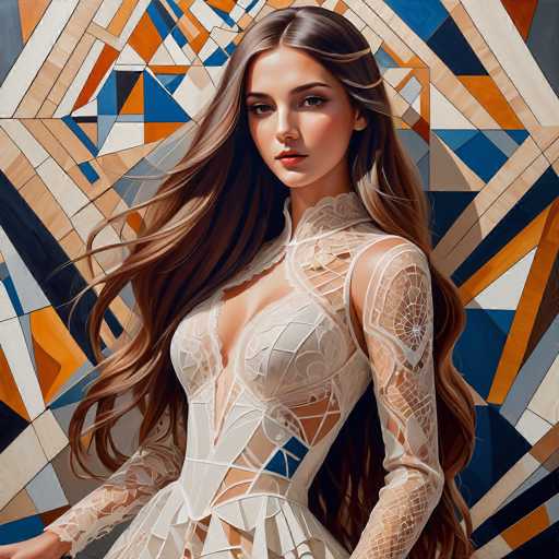 A stunning woman with flowing, long brown hair and a detailed white lace dress is centrally positioned against a vibrant, geometric mosaic background. The spatial relationship places her as the focal point, with the patterned backdrop creating a dynamic and visually engaging environment. The art style is a blend of digital painting and mosaic-like textures, emphasizing intricate detail and a modern aesthetic.
