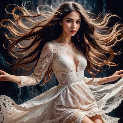 A stunning woman with flowing, voluminous brown hair and a delicate white lace dress is the central focus. She's positioned in a dynamic pose, arms outstretched, with her hair dramatically swirling around her. The art style is highly detailed and ethereal, emphasizing soft lighting and a dreamlike quality against a dark, textured background.