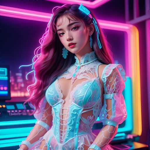 A stylish, anime-inspired woman with vibrant pink hair and glowing neon accents commands attention in a futuristic, cyberpunk setting. She's dressed in an ornate, light blue outfit with intricate details and is positioned in front of a glowing console. The overall style is digital art, emphasizing neon lighting and a dreamy atmosphere.