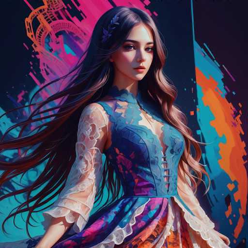A stunning digital portrait features a woman with flowing, dark hair and an elaborate, colorful dress. She's positioned against a vibrant, abstract backdrop with neon-like streaks of color and geometric patterns. The art style is highly stylized, blending fantasy and digital art elements with a focus on dynamic movement and bold color.