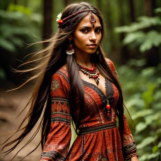 A woman with long, flowing brown hair and intricate tribal jewelry stands in a lush forest. She wears a detailed red dress with ornate patterns, her long hair dramatically swept by the wind. The focus is on her intense gaze, set against a blurred backdrop of green foliage, showcasing a fantasy-inspired digital painting with a focus on texture and movement.