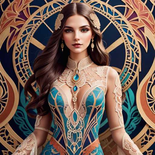 A stunning woman in an ornate, teal and gold gown with intricate detailing is centrally positioned against a circular, patterned backdrop. Her long, flowing brown hair frames her face, and she wears elaborate gold jewelry. The art style is highly detailed and fantastical, reminiscent of a digital painting with a focus on intricate textures and rich colors.