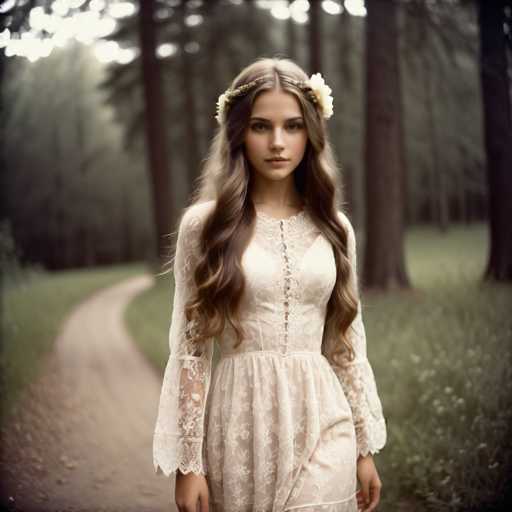 A young woman with long, flowing blonde hair and a floral crown stands in a sun-dappled forest path. She wears an ethereal, lace dress, her gaze direct and serene. The soft focus emphasizes the dreamy, romantic atmosphere of a vintage-inspired portrait with a slightly muted color palette.