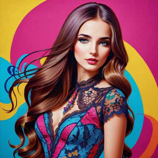 A stunning woman with long, flowing brown hair and striking blue eyes is the central focus. She wears a vibrant, patterned dress with lace detailing. The background features bold, swirling abstract shapes in pink, yellow, and blue, creating a dynamic, retro-inspired portrait with a digital art style.
