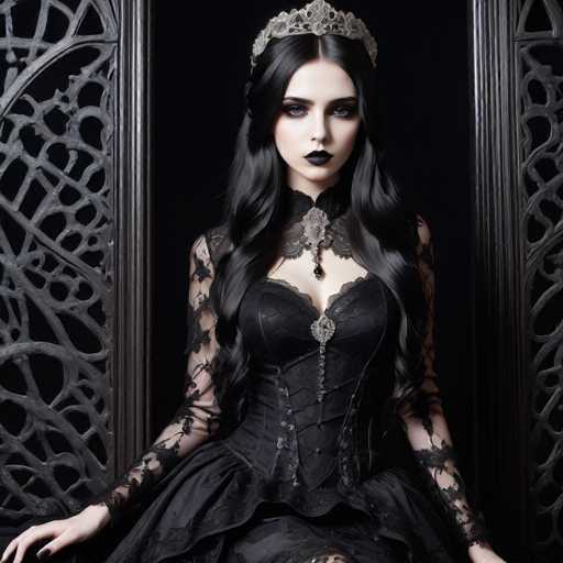 A darkly elegant portrait features a woman in a black Victorian-style gown and ornate crown, seated within an intricately patterned dark frame. Her long, black hair cascades around her, and her makeup enhances a dramatic, gothic aesthetic. The composition is focused, with the woman as the central subject against a stark black backdrop, emphasizing a mysterious and ethereal atmosphere.