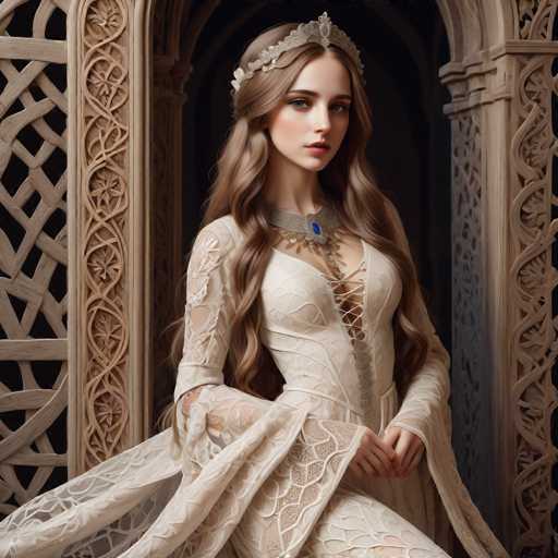 A beautiful woman in an ornate, cream-colored gown with intricate lace details and a jeweled crown stands within a detailed, arched doorway. Her long, flowing hair cascades around her shoulders as she gazes directly at the viewer. The art style is highly detailed and realistic, evoking a fantasy or historical aesthetic with soft lighting and a focus on texture.