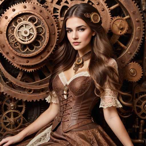 A woman with long, flowing brown hair and steampunk-inspired attire sits amidst a backdrop of intricate, rusty gears. The image blends fantasy and mechanical elements, showcasing a detailed, vintage aesthetic with a focus on texture and intricate design.