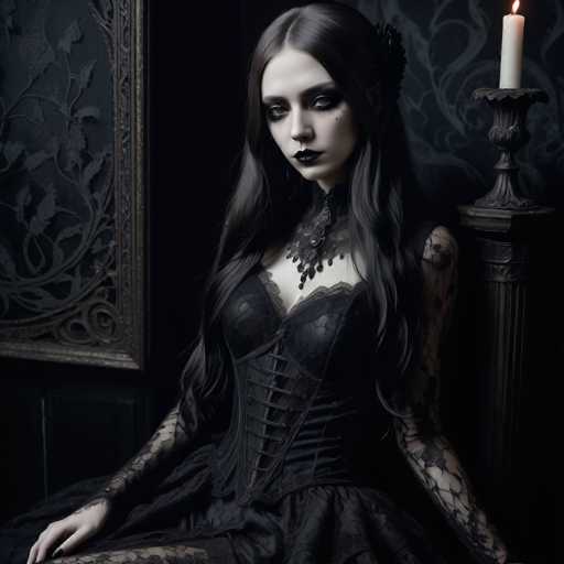 A darkly elegant portrait features a woman in a black Victorian-style dress, seated against a dark backdrop. Her pale face and dramatic makeup enhance the gothic aesthetic, complemented by ornate lace details on her attire. A vintage-style candle adds to the dimly lit atmosphere, creating a captivating and slightly mysterious scene.