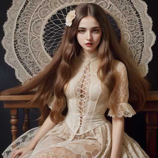 A young woman with long, flowing brown hair and a delicate lace dress sits gracefully on a wooden stool. A large, ornate lace fan adorns the background, creating an ethereal and vintage-inspired atmosphere. The soft lighting emphasizes her serene expression, characteristic of a detailed digital painting with a focus on intricate textures and gentle color palettes.