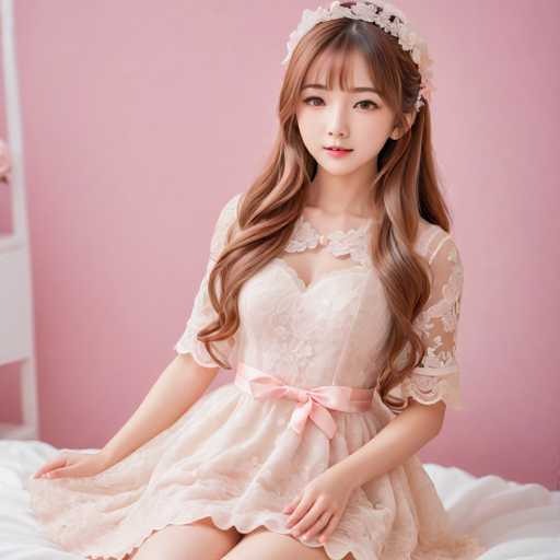 A young, fair-skinned woman with long, wavy brown hair and a sweet expression is seated on a white bed. She wears a delicate, light pink lace dress with a matching pink sash and a floral headband. The soft, pastel color palette and gentle lighting create a dreamy, romantic aesthetic typical of anime or digital art.