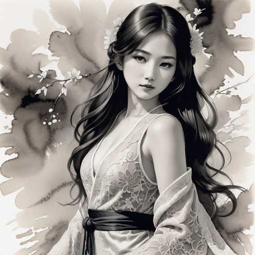 A serene portrait of a young woman in traditional East Asian attire dominates the image. She has long, flowing black hair adorned with delicate floral accents and wears a light-colored, lace-detailed robe cinched by a dark sash. The background features soft, abstract brushstrokes in muted tones, creating a gentle, dreamlike atmosphere.