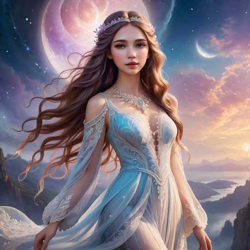 A beautiful woman with flowing, long brown hair and a delicate blue gown stands bathed in the soft glow of a large, crescent moon. She wears an ornate silver and blue crown and a sparkling necklace. The scene is set against a fantastical, ethereal landscape with distant mountains and a vibrant, dreamy sky. The art style is digital painting, emphasizing soft lighting and intricate details.