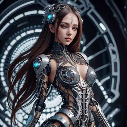 A stunning, hyperrealistic digital artwork features a woman with long brown hair and cybernetic enhancements. She's clad in a sleek, metallic bodysuit with glowing blue accents, positioned against a dark, circular backdrop of intricate mechanical patterns. The focus is on her detailed, futuristic design and the interplay of organic and technological elements.