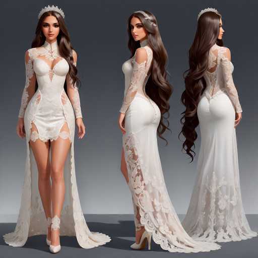 A stunning digital artwork showcases a beautiful woman in an elegant, intricately detailed white lace wedding gown. She's posed in three views, highlighting the dress's fitted silhouette and flowing train. The art style is photorealistic, emphasizing soft lighting and a focus on the model's graceful posture.