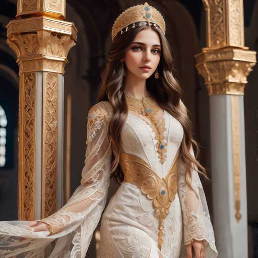 A regal woman in an ornate white gown and golden crown stands gracefully amidst intricately detailed, gold-toned architectural columns. Her flowing, long-sleeved dress features delicate lace and intricate embellishments. The art style is a blend of fantasy and historical design, evoking a sense of opulent elegance and timeless beauty.