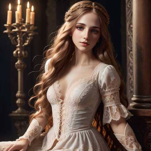A beautiful woman with flowing, golden hair and an ornate lace gown sits gracefully in a dimly lit, opulent setting. She wears a delicate golden headpiece and gazes directly at the viewer with a serene expression. The art style is highly detailed, reminiscent of a Renaissance portrait, emphasizing soft lighting and intricate textures.