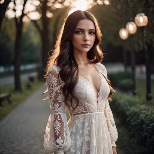 A woman in a flowing, lace-detailed white dress stands confidently on a cobblestone path bathed in warm sunlight. Softly blurred background suggests an outdoor setting, possibly a park or garden. The art style is romantic and ethereal, emphasizing soft lighting and a dreamy atmosphere.