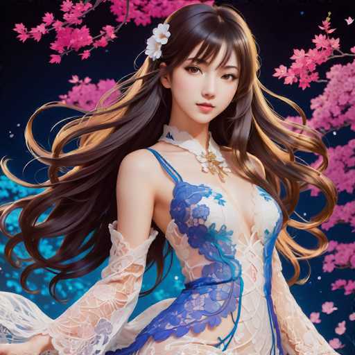 A beautiful anime-style woman with long, flowing brown hair and delicate features is centrally positioned. She wears an ornate white and blue dress with lace details, adorned with a gold pendant. A pink cherry blossom branch frames her, set against a dark blue background with scattered stars. The overall style is detailed and ethereal, emphasizing soft lighting and intricate textures.