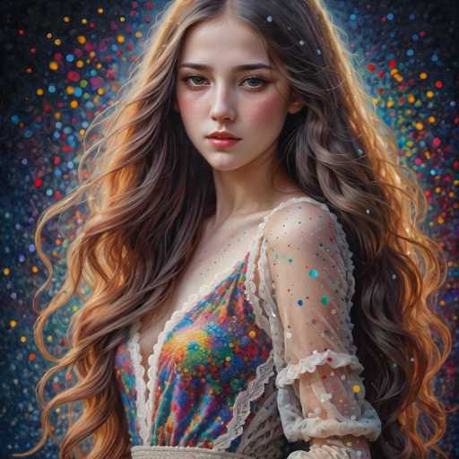 A young woman with flowing, wavy auburn hair and a colorful, iridescent dress gazes directly at the viewer. The background is a vibrant, abstract explosion of color, creating a dreamy, fantastical atmosphere. The art style leans towards digital painting with a focus on soft lighting and intricate details.