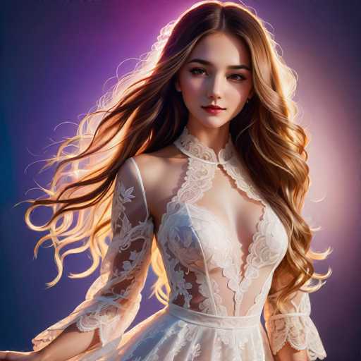 A stunning, digitally-rendered portrait of a woman with long, flowing, golden hair dominates the image. She wears an intricately detailed white lace gown, and her gaze is direct and captivating. The soft lighting creates a dreamy, ethereal atmosphere with a purple-toned background. The art style is highly detailed and realistic, emphasizing texture and light.