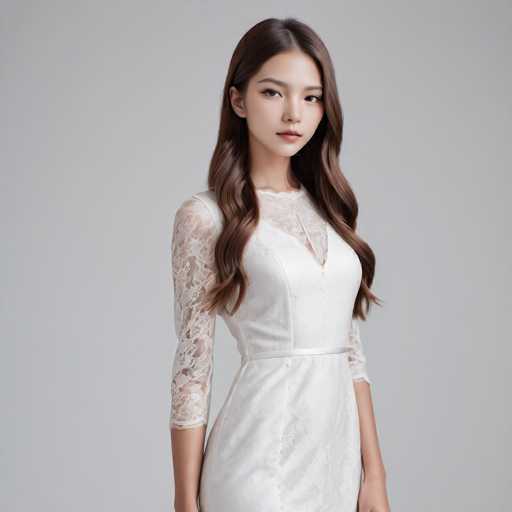 A young woman with long, wavy brown hair and a gentle expression is centrally positioned in a studio portrait. She wears a white lace dress with three-quarter sleeves and a fitted waist, looking directly at the viewer. The background is a plain gray, emphasizing her elegant attire and serene demeanor. The style is clean and modern, focusing on the subject's beauty.