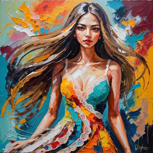 This vibrant, textured painting features a woman with flowing, voluminous hair as the central subject. She's wearing a colorful, abstract dress and gazes directly at the viewer. The style is expressive and impasto, with thick brushstrokes creating a dynamic sense of movement and energy.