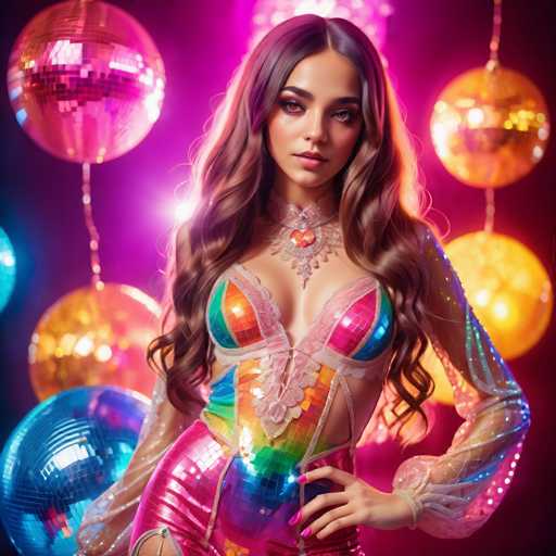 A glamorous woman in a vibrant, rainbow-sequined outfit poses amidst a backdrop of glowing disco balls and neon lights. The art style is digital painting, emphasizing soft lighting and a dreamy, festive atmosphere. She's the central focus, with her pose drawing attention to the sparkling details of her attire and the surrounding celebratory ambiance.