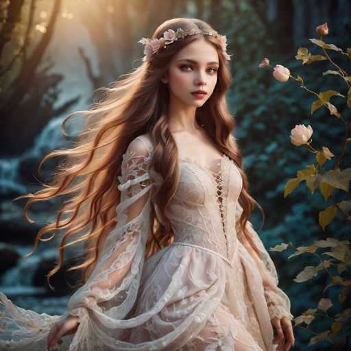 A beautiful, ethereal woman with flowing, golden hair and a delicate floral crown graces a fantasy forest scene. She wears a light, lace gown with long sleeves and is positioned in the foreground, slightly angled towards the viewer. Soft sunlight filters through the background, highlighting a cascading waterfall and lush greenery in an art style reminiscent of digital painting.