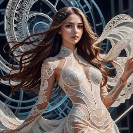 A woman with flowing, long brown hair and a delicate, sheer white dress is centrally positioned against a dark, abstract background featuring intricate, swirling patterns. The art style is digital fantasy, emphasizing ethereal beauty and a sense of motion with the hair and fabric.