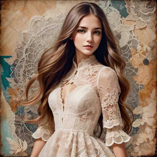 A young woman with long, flowing brown hair and a delicate lace dress is centrally positioned against a vintage-style backdrop of ornate lace. The focus is on her elegant features and the intricate details of her dress, creating a soft, romantic aesthetic with a slightly aged texture.
