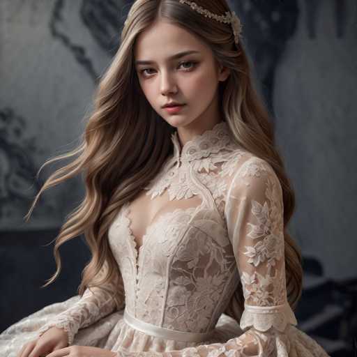 A young woman with long, flowing blonde hair and delicate features is the central focus, wearing an ornate, lace-detailed gown. She sits in a dimly lit setting with a blurred background, creating a soft, ethereal atmosphere. The art style is reminiscent of a Renaissance portrait, emphasizing elegance and a slightly melancholic mood.
