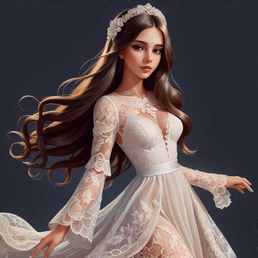A stunning digital painting depicts a beautiful woman in an ethereal white lace wedding gown, her long brown hair flowing dramatically. She wears a delicate floral tiara and looks directly at the viewer with a soft, serene expression. The art style is highly detailed and painterly, emphasizing soft lighting and intricate textures against a dark backdrop.