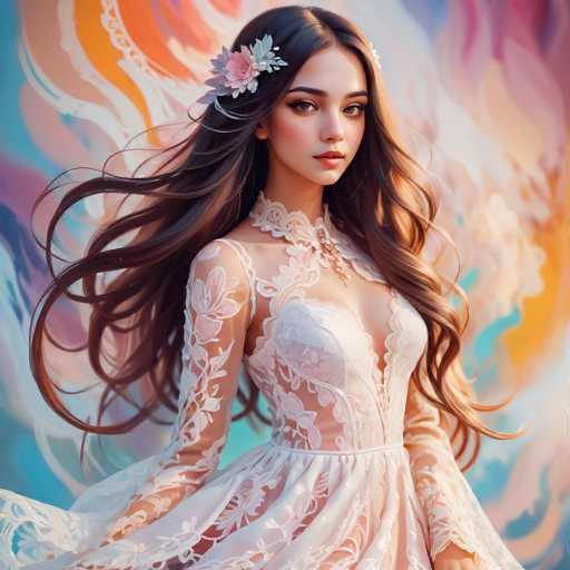 A stunning, digitally-rendered portrait of a young woman with long, flowing brown hair and delicate features dominates the image. She wears an ethereal white lace gown adorned with a floral headpiece, her gaze direct and captivating. The background features soft, swirling pastel hues, creating a dreamy, fantasy-like atmosphere with an emphasis on soft lighting and intricate details.