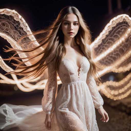 A woman with flowing blonde hair and ethereal, glowing white wings is the central focus. She wears a delicate, lace-detailed dress and gazes directly at the viewer. The background is dark, with soft, blurred warm lights creating a dreamy, fantastical atmosphere. The art style is a blend of fantasy and soft focus, emphasizing an otherworldly presence.