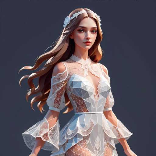 A stunning, digitally-rendered portrait of a young woman in an elaborate white lace dress with flowing, golden hair. She wears a delicate floral headpiece and gazes directly at the viewer. The art style is highly detailed, with soft lighting emphasizing intricate textures and a serene, ethereal atmosphere.